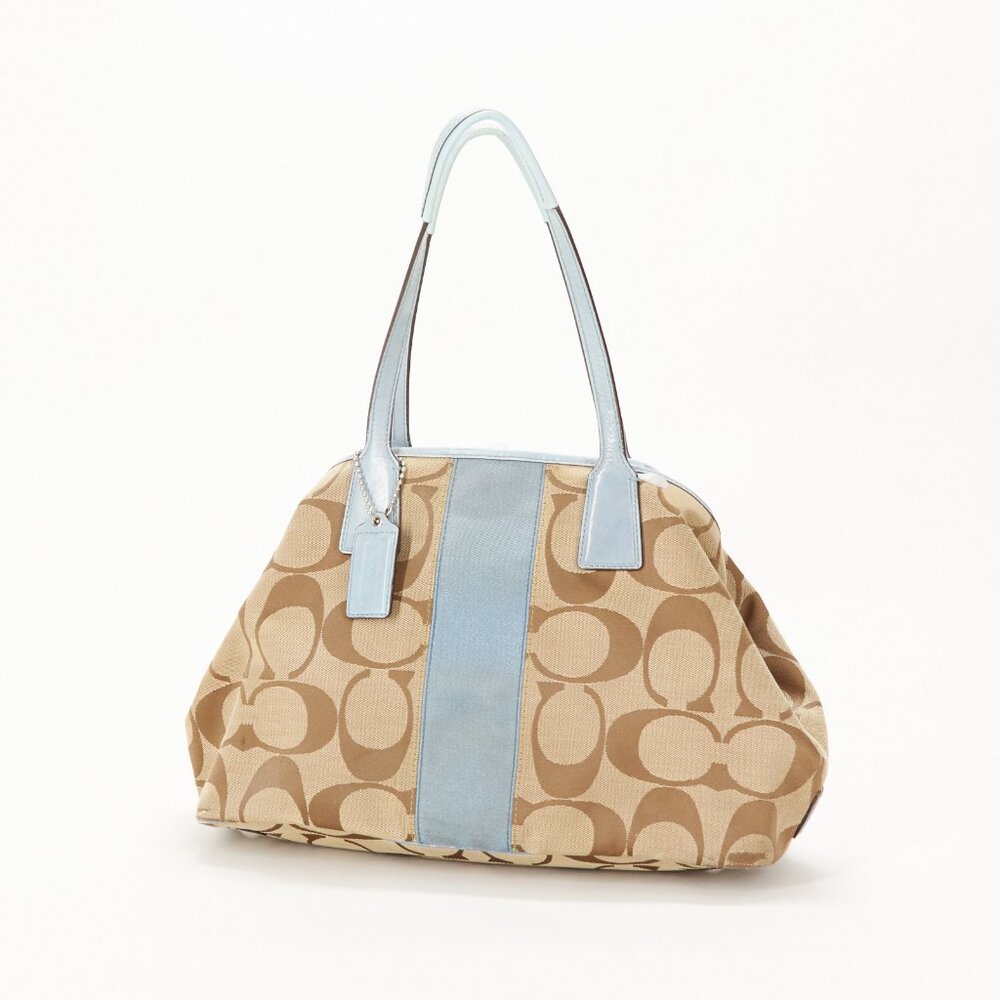 Coach Signature Canvas Tote with Blue Leather Trim